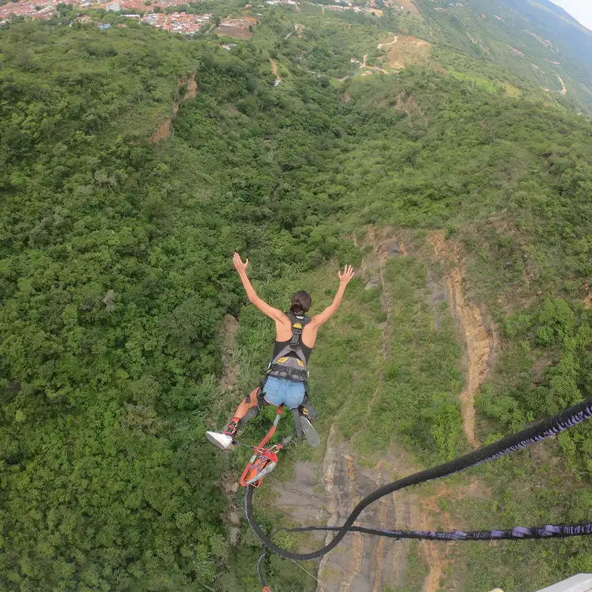 Mid bungee jump over a forested gorge