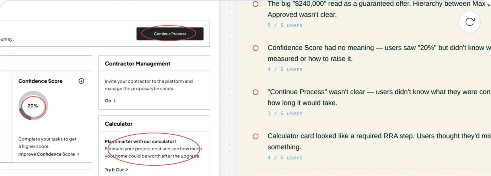 Usability test findings mapped to specific UI changes.