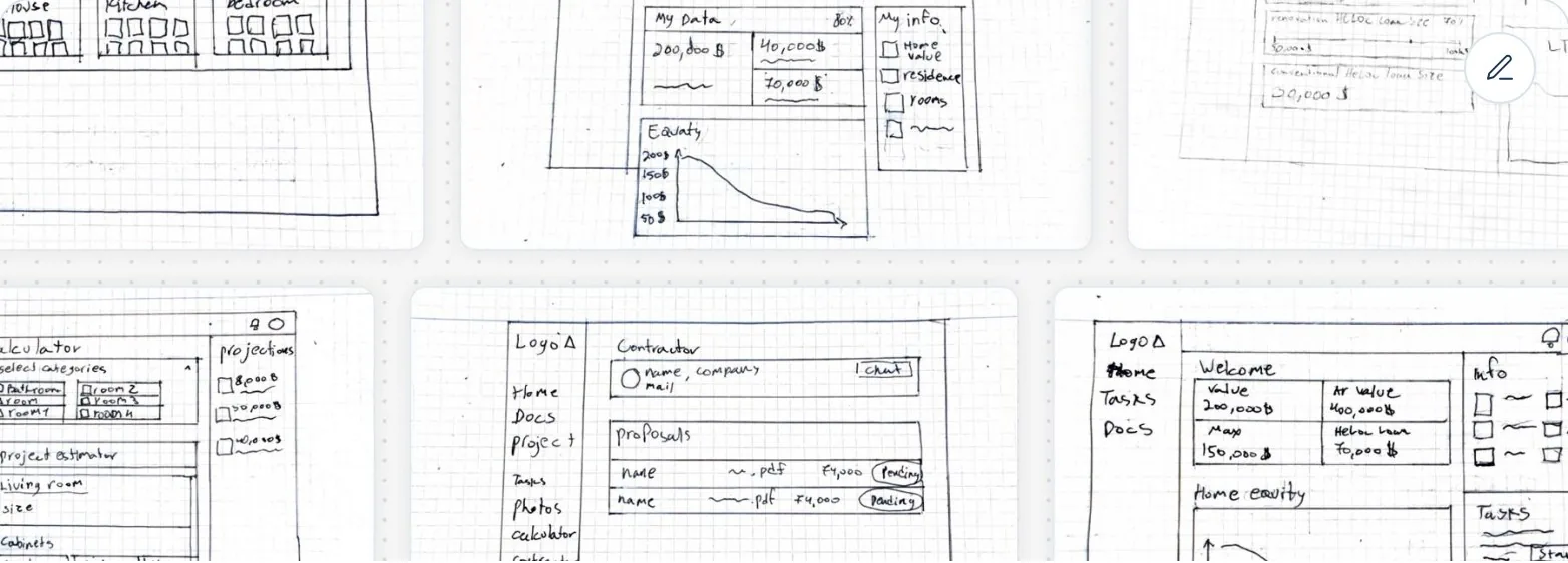Pen-and-paper wireframe sketches exploring flow structures before Figma.