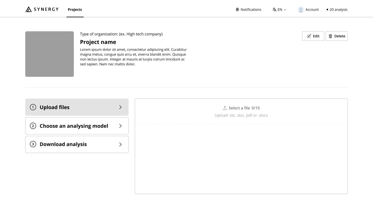 Add new project page - step 1 - upload files