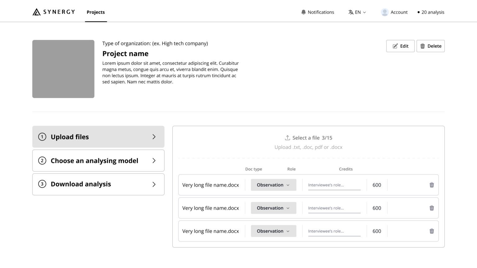 Add new project page - step 1 - files uploaded